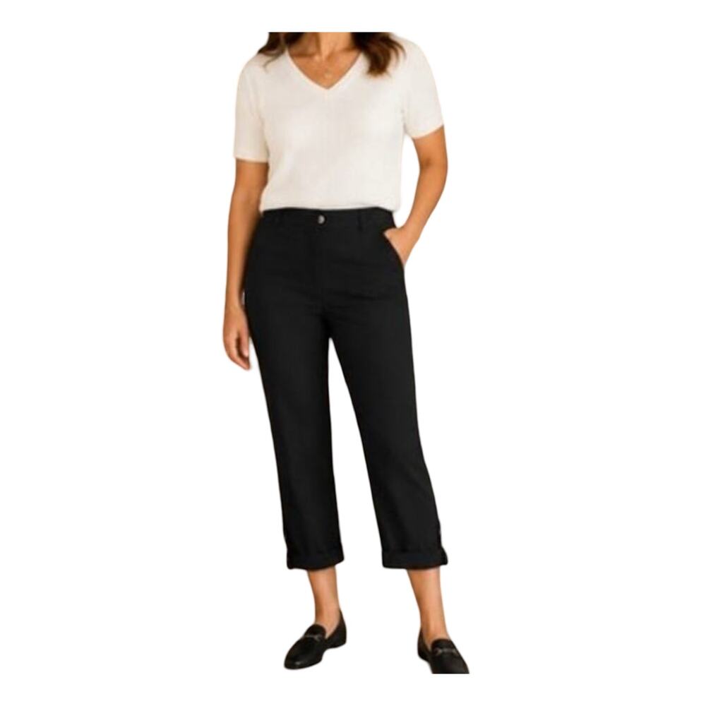 Chicos Zenergy Pants Size M Black Roll Tab Hem Pockets Zip Front Casual Stretch